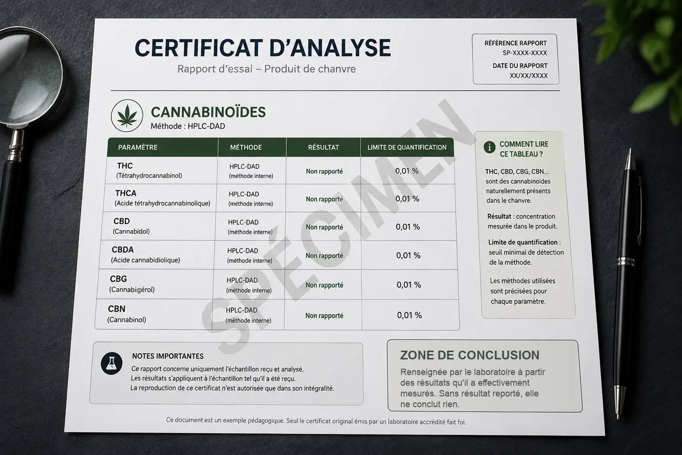 Certificat d’analyse de laboratoire avec cinq zones mises en évidence : numéro de lot, dates, taux de THC, taux de CBD et laboratoire