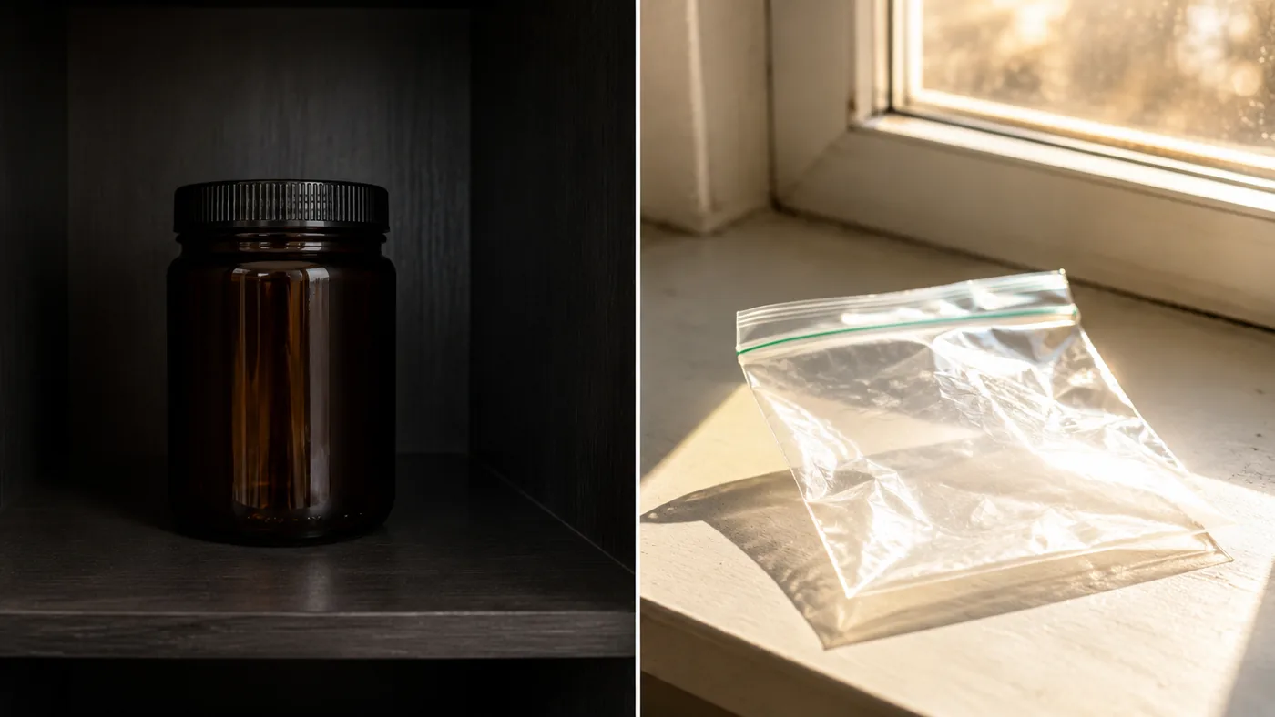 À gauche un pot en verre teinté fermé dans un placard sombre, à droite un sachet plastique ouvert au soleil sur un rebord de fenêtre