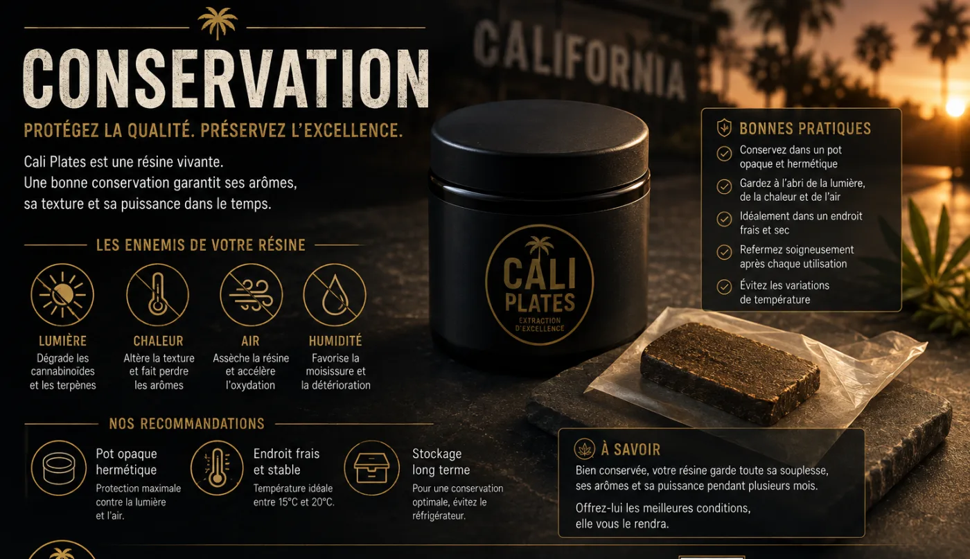 Pot opaque hermétique et plaque de résine CBD sous vide, avec les repères de conservation