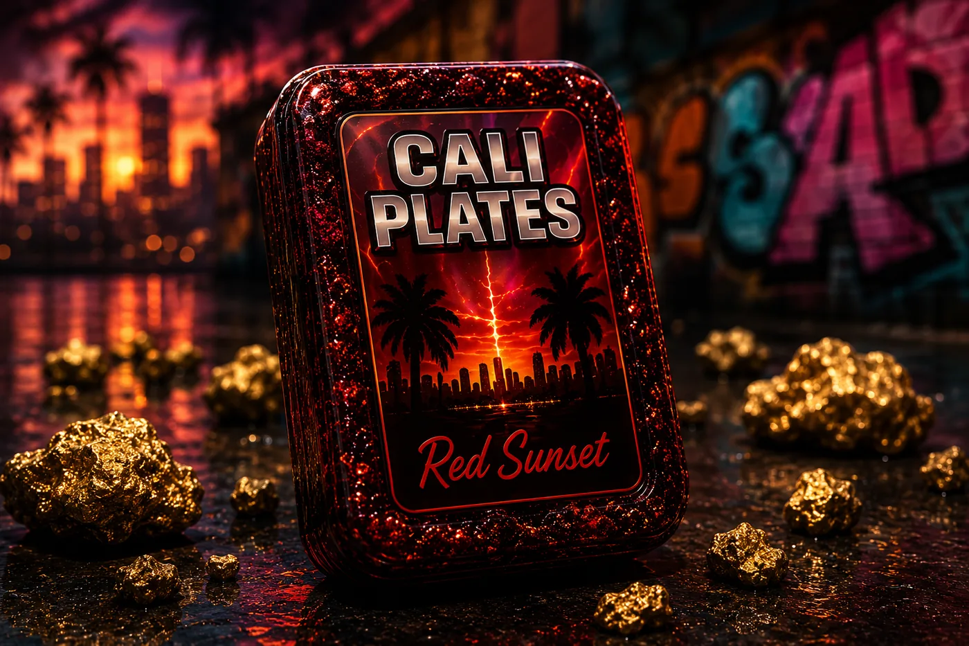 Étui Cali Plates « Red Sunset » vu de près, étiquette rouge et paillettes dorées