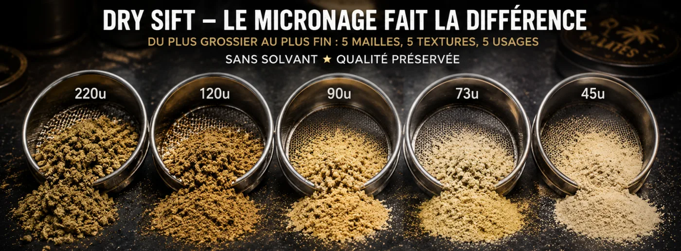 Tamis de différentes mailles en microns utilisés pour trier la résine de chanvre, du plus grossier au plus fin
