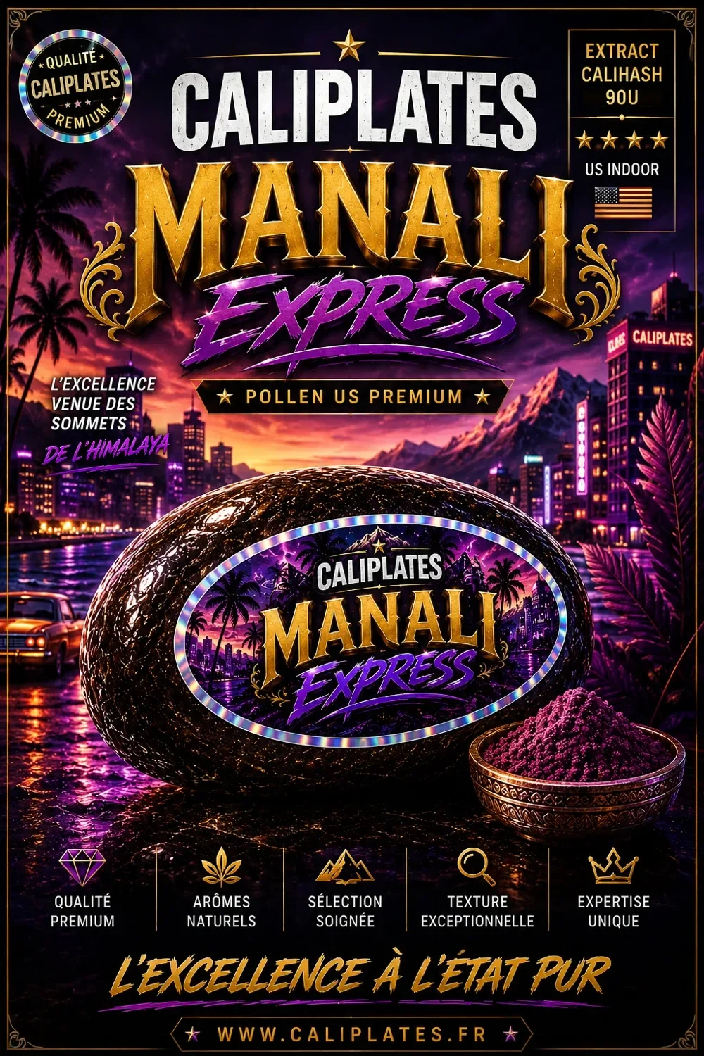Manali — Pollen US 90U, pollen US premium Cali Plates : affiche produit, arômes naturels, ≤ 0,3 % THC
