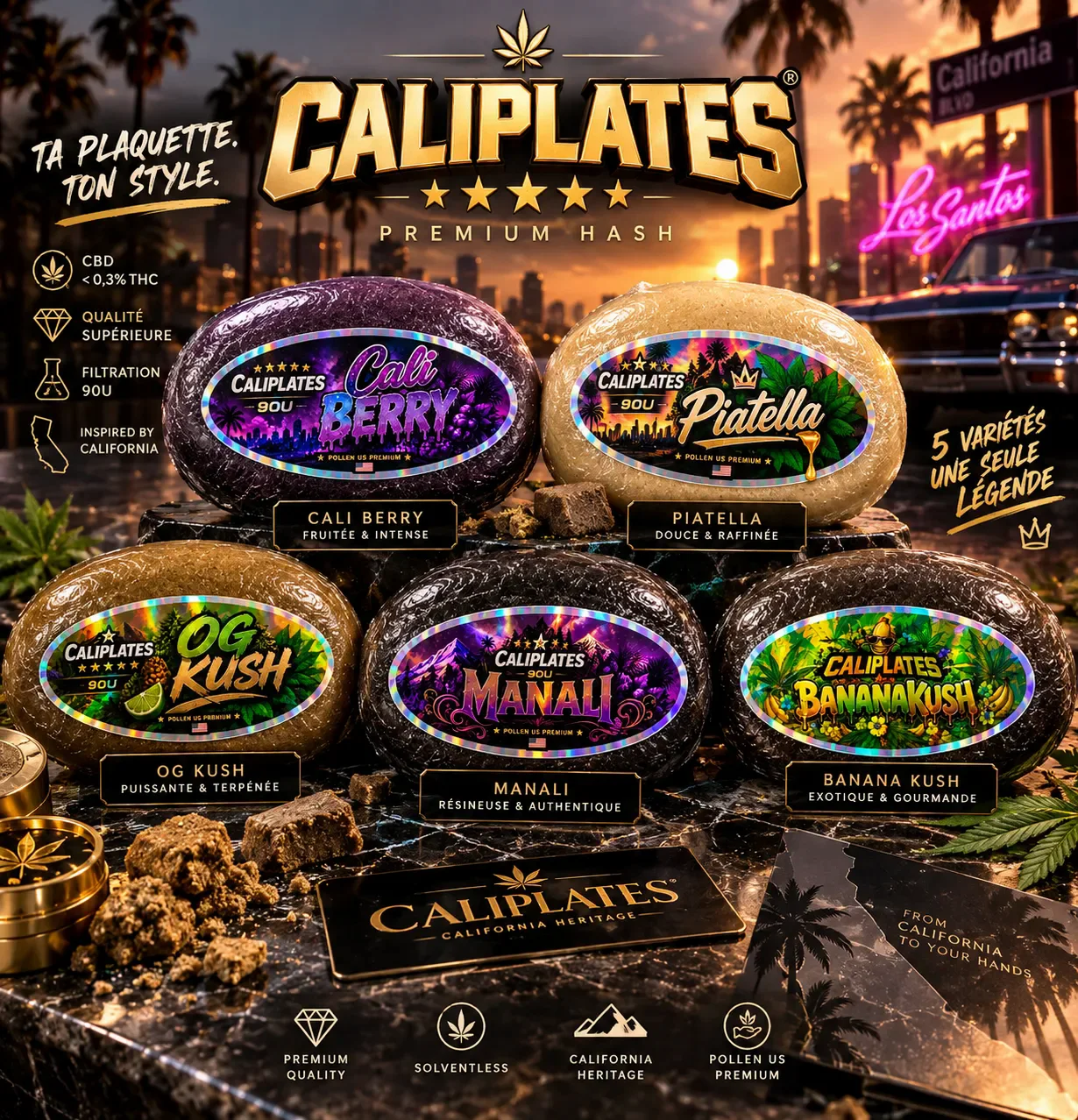 La gamme Cali Plates : cinq plaquettes de résine CBD — Cali Berry, Piatella, OG Kush, Manali et Banana Kush — chacune scellée sous film et portant son étiquette holographique Pollen US Premium 90U, sur fond de coucher de soleil californien