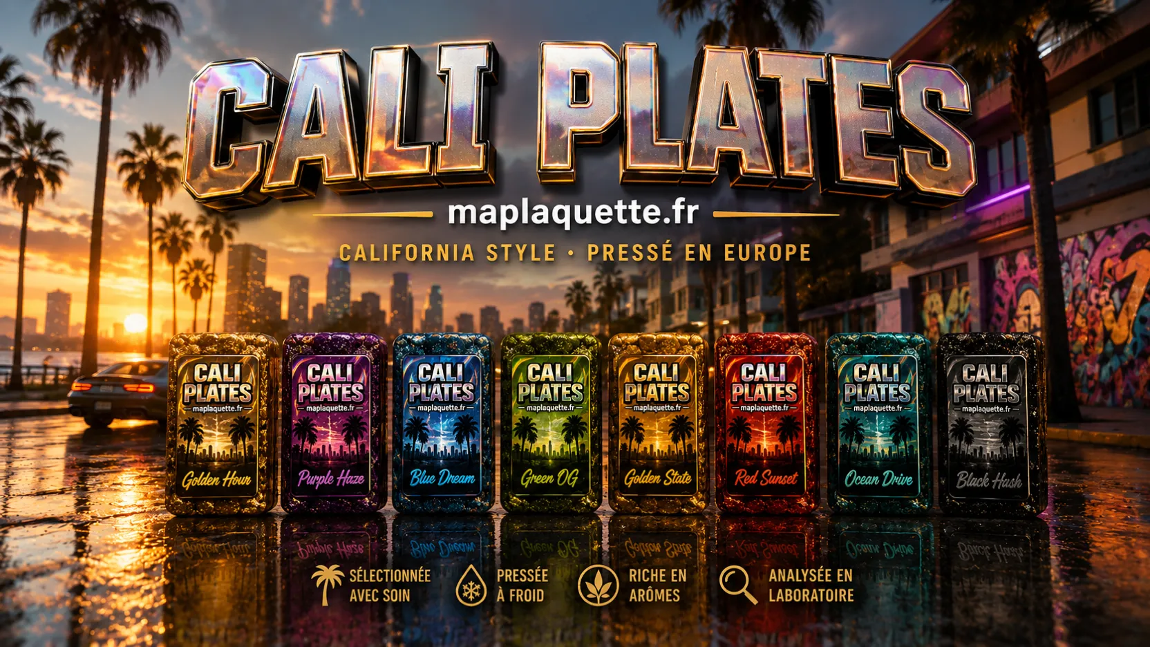 Univers Cali Plates : plaques de résine CBD à étiquettes holographiques, décor de coucher de soleil californien