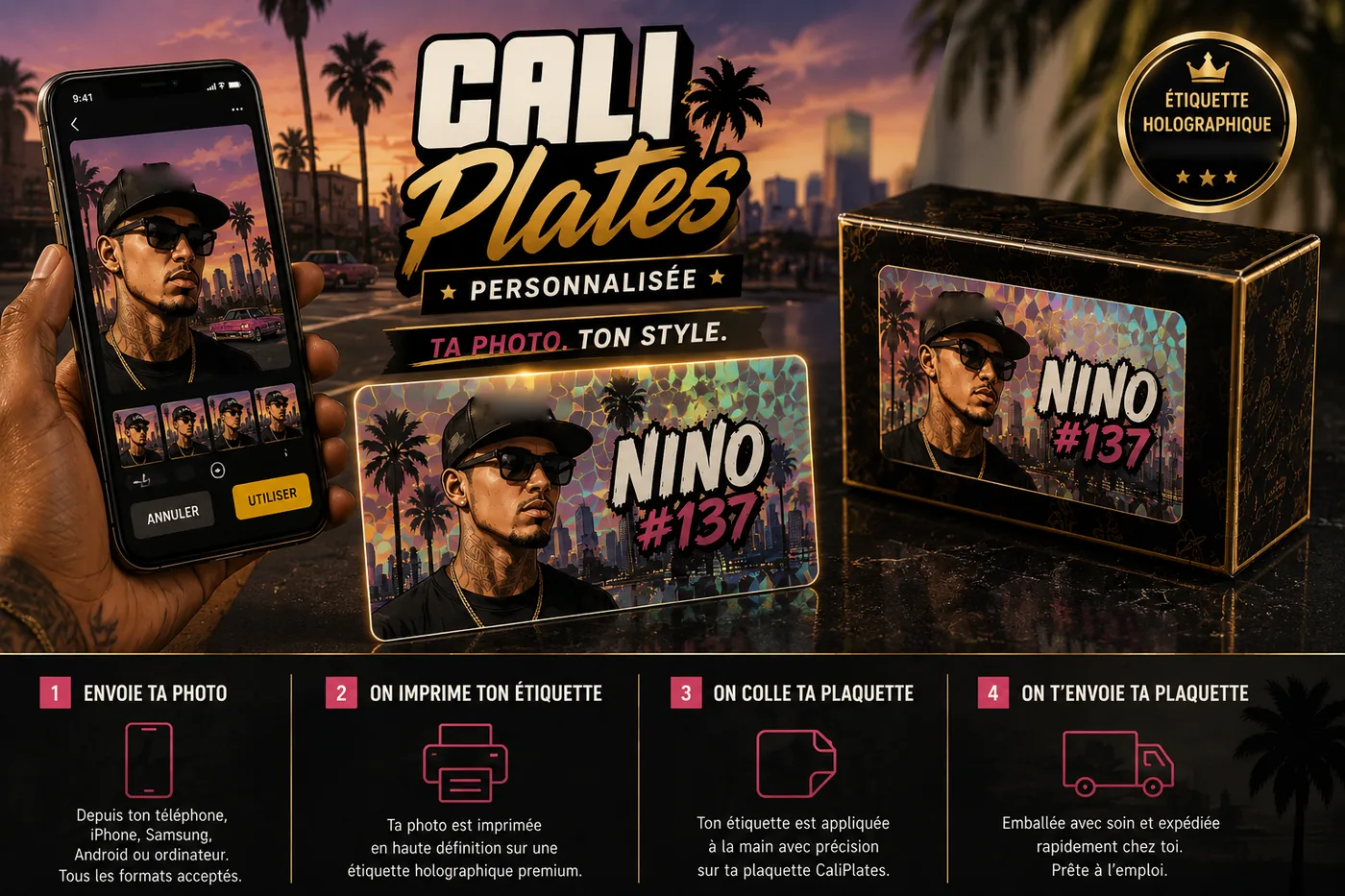 Étiquette Cali Plates personnalisée avec une photo et un prénom, présentée sur téléphone, à plat et sur son coffret