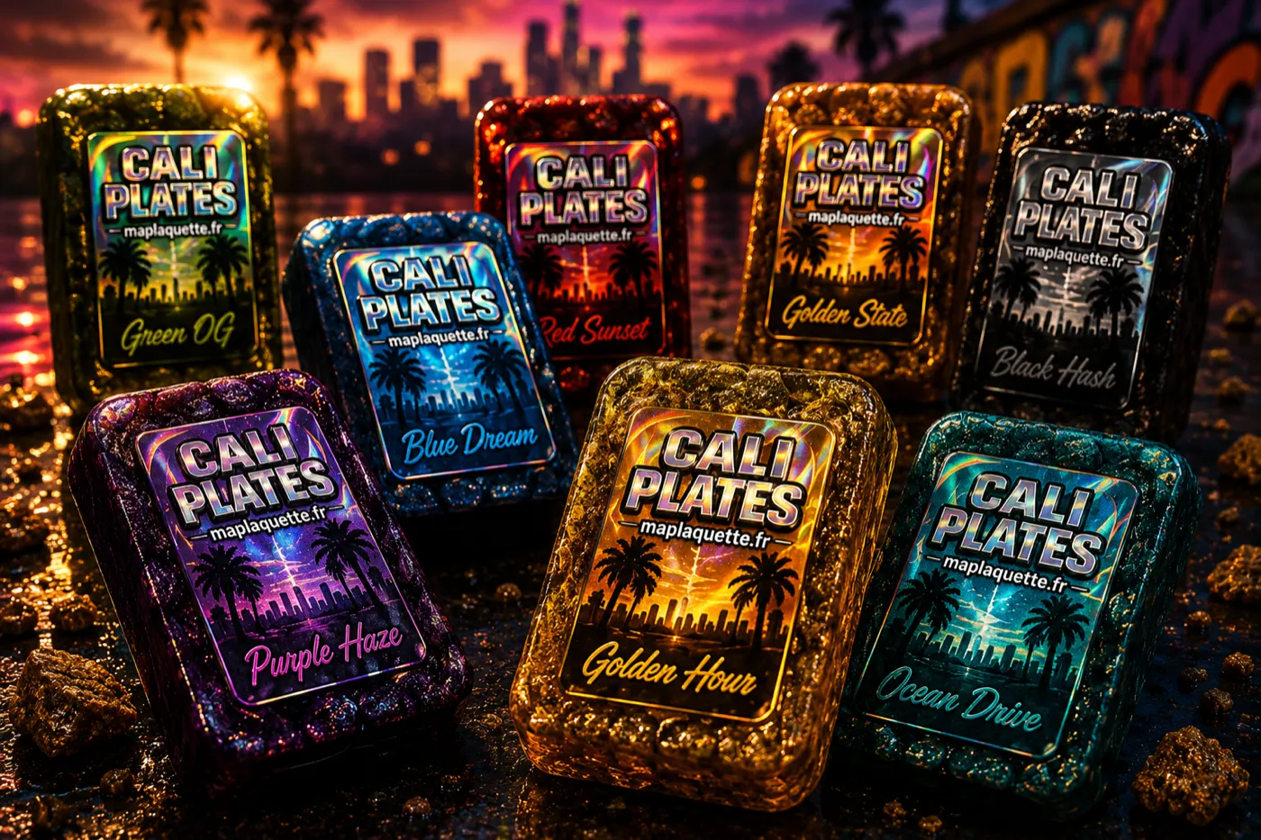 Plaques de résine CBD de teintes différentes, chacune portant une étiquette holographique Cali Plates