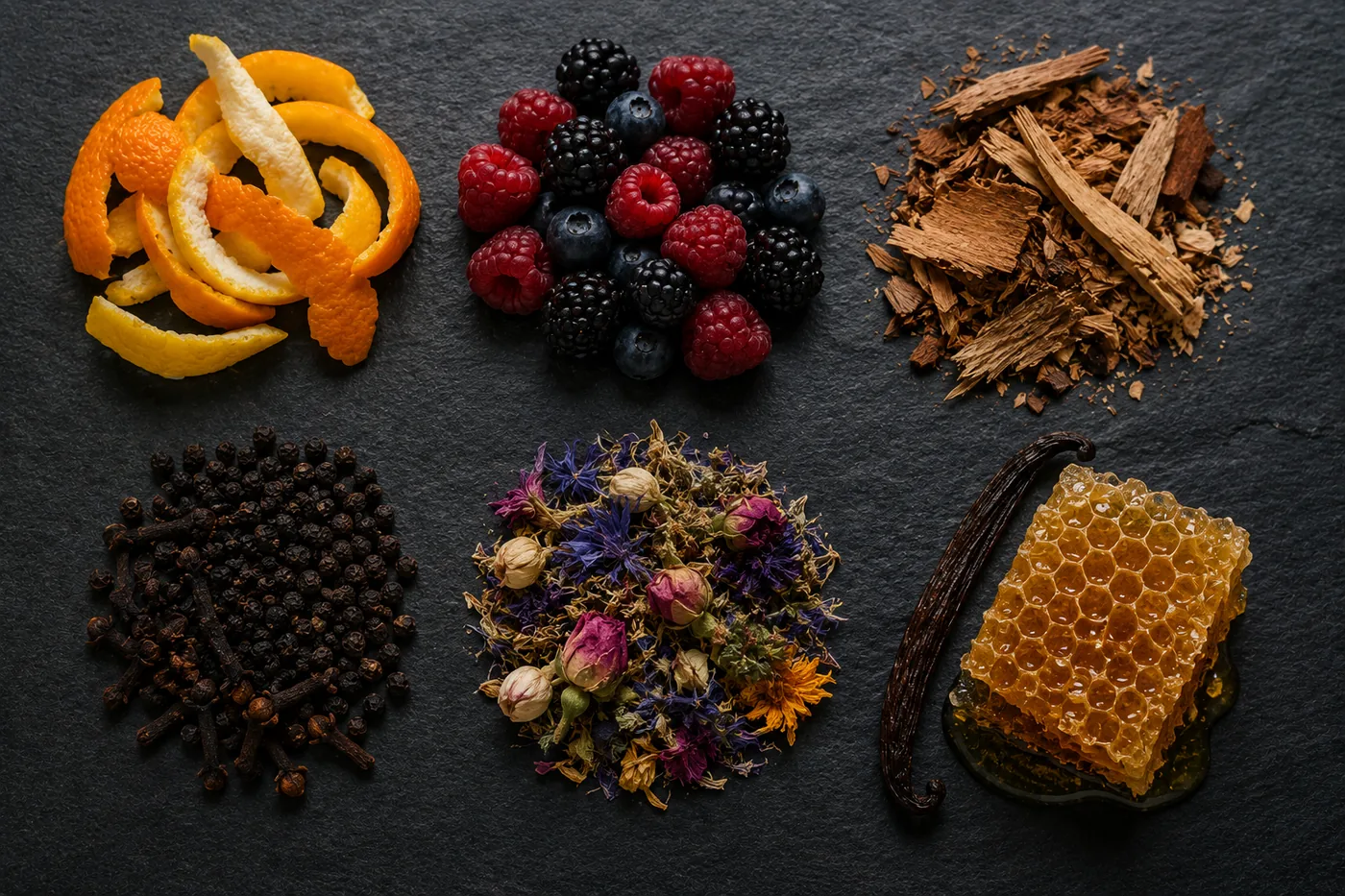 Six familles aromatiques d'une résine de chanvre représentées par leurs ingrédients : agrumes, fruits, bois, épices, fleurs