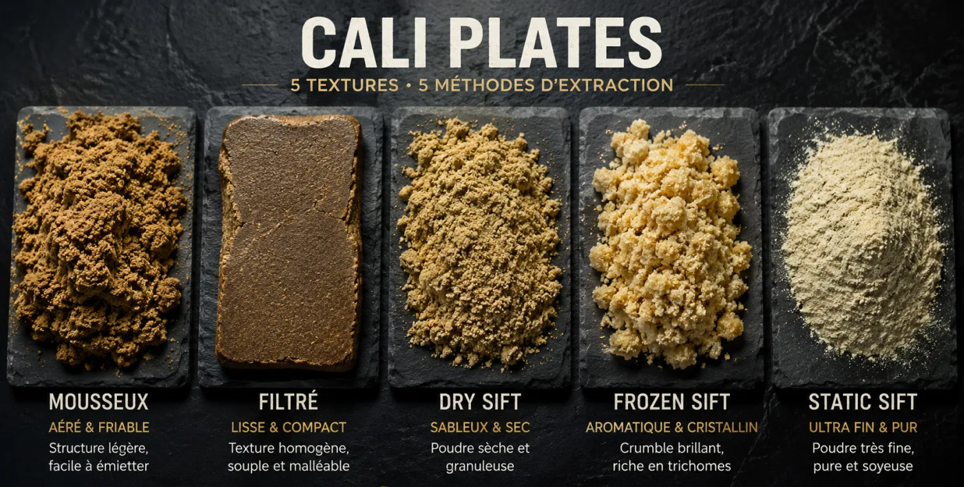 Comparaison visuelle de plusieurs textures de résine de chanvre pressée, du sableux au crémeux