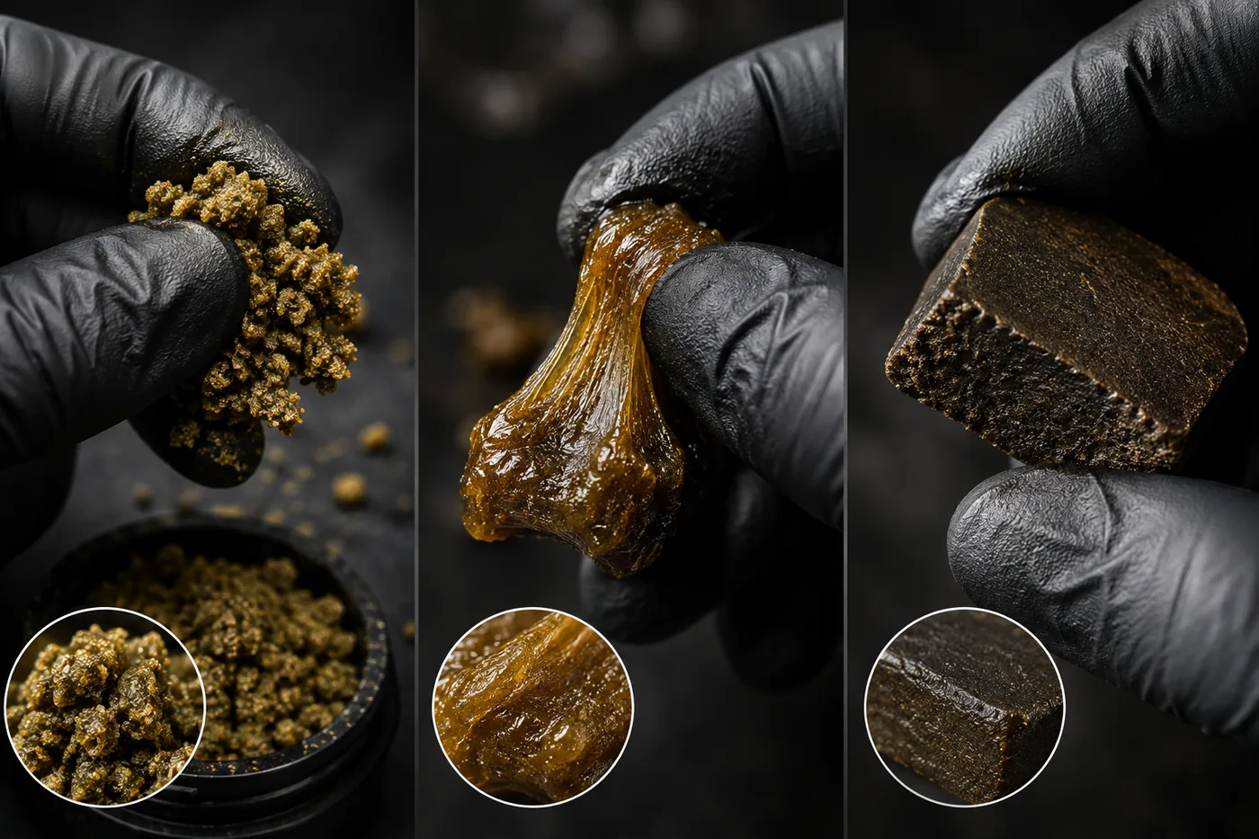 Trois textures de résine manipulées : friable qui s'émiette, souple qui s'étire, compacte qui résiste